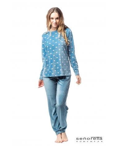 PIJAMA MUJER SEÑORETTA VELOUR FLORES 232138 TALLAS: m, l, xl; COLOR: azul Temporada: winter 23 - Toda la lencería de