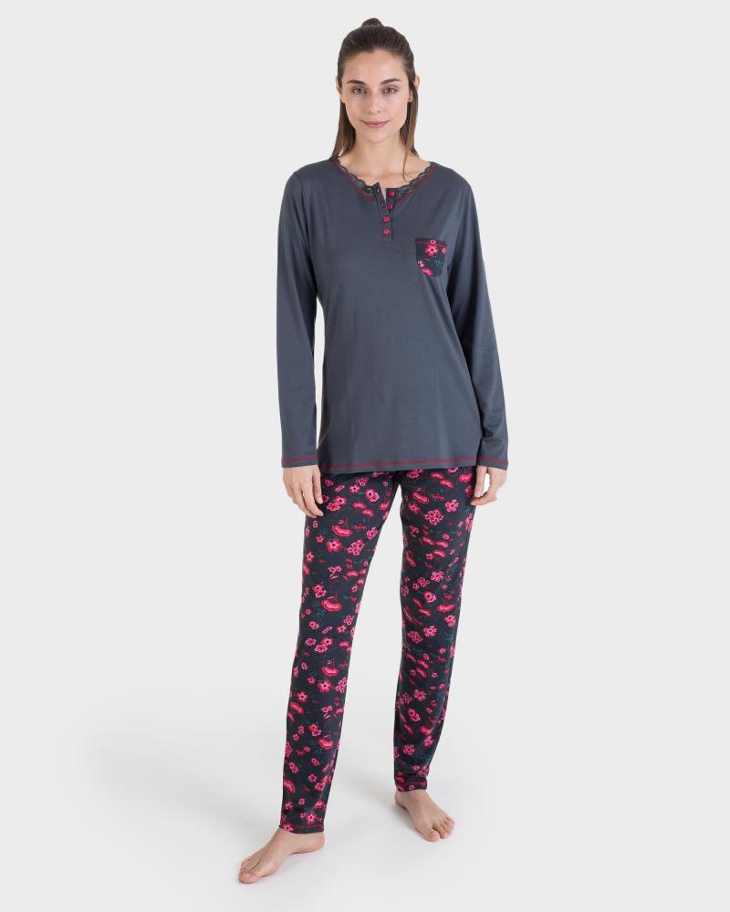 P691245 PIJAMA SRA MASSANA FLORES COLOR: gris; TALLAS: m, l, xl, xxl Temporada: inv2020 - Toda la lencería de noche de